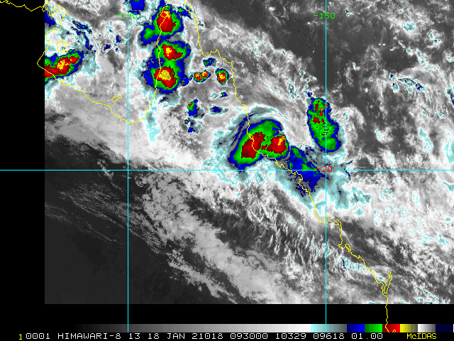 18/0930UTC.  ENHANCED INFRARED  SATELLITE IMAGERY DEPICTS A COMPACT SYSTEM WITH PERSISTENT DEEP  CONVECTION OBSCURING THE LOW-LEVEL CIRCULATION CENTER (LLCC).  ANIMATED RADAR IMAGERY FROM THE TOWNSVILLE RADAR, FORTUNATELY,  REVEALS TIGHTLY-CURVED BANDING WRAPPING INTO A SMALL, WELL-DEFINED  LLCC.
