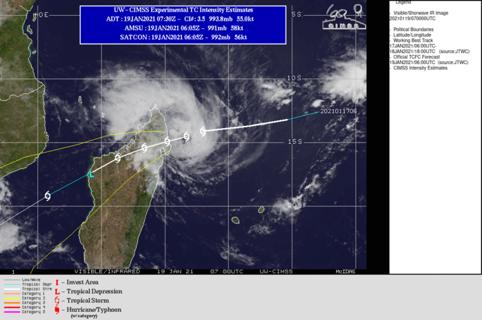 WARNING 5.12S(ELOISE) IS EXPECTED TO MAKE LANDFALL IN NORTHEASTERN  MADAGASCAR BY 12H THEN SLOWLY WEAKEN TO 30 KNOTS AS IT TRANSITS  ACROSS THE RUGGED ISLAND TERRAIN BEFORE EXITING OVER THE MOZAMBIQUE  CHANNEL IN APPRX 54H. THE WARM WATERS OF THE MOZAMBIQUE CHANNEL WILL  ENABLE TC 12S TO STEADILY RE-INTENSIFY TO 70 KNOTS/CATEGORY 1 US PRIOR TO MAKING  FINAL LANDFALL NEAR MAXIXE IN SOUTHERN MOZAMBIQUE.