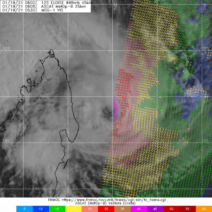 19/0608UTC. METOP-B PARTIAL ASCAT IMAGE WITH A SWATH OF 45- 50 KT WINDS SOUTHEAST OF THE LOW LEVEL CIRCULATION CENTER.