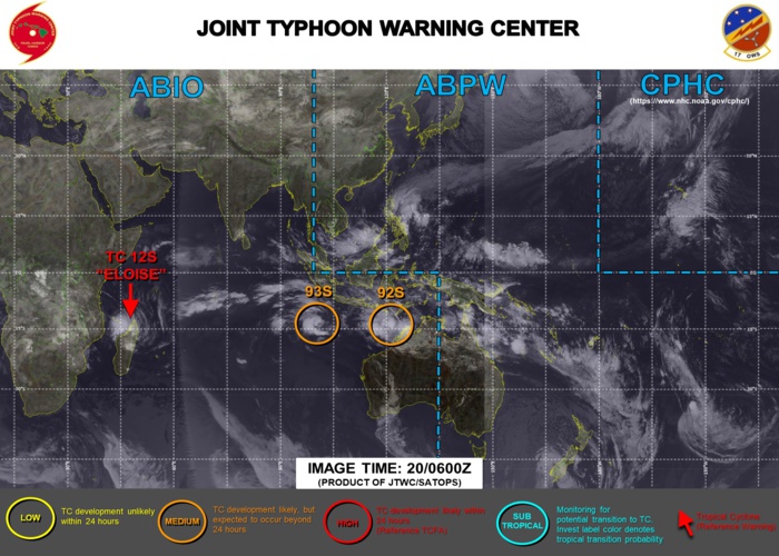 20/06UTC. THE JTWC IS ISSUING 12HOURLY WARNINGS ON 12S(ELOISE) ALONG WITH 3HOURLY SATELLITE BULLETINS ON 12S AND INVEST 93S. INVEST 92S &93S ARE UNDER CLOSE WATCH. 20/06UTC. THE JTWC IS ISSUING 12HOURLY WARNINGS ON 12S(ELOISE) ALONG WITH 3HOURLY SATELLITE BULLETINS ON 12S AND INVEST 93S. INVEST 92S &93S ARE UNDER CLOSE WATCH.