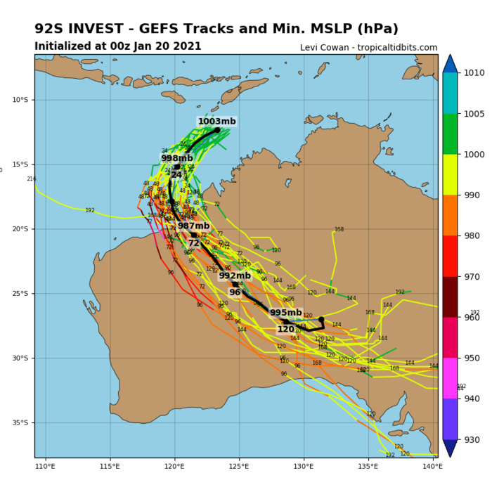 INVEST 92S. GFS DEPICTS STEADY INTENSIFICATION NEXT 72H WITH POSSIBLE LANDFALL ON 80 MILE BEACH AFTER 72H.