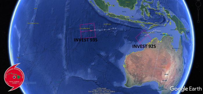 20/15UTC. INVEST 92S & INVEST 93S ARE UP-GRADED TO HIGH. THE JOINT TYPHOON WARNING CENTER HAS ISSUED A TROPICAL CYCLONE FORMATION ALERT FOR EACH AREA. 3HOURLY SATELLITE BULLETINS ARE PROVIDED FOR BOTH AREAS.