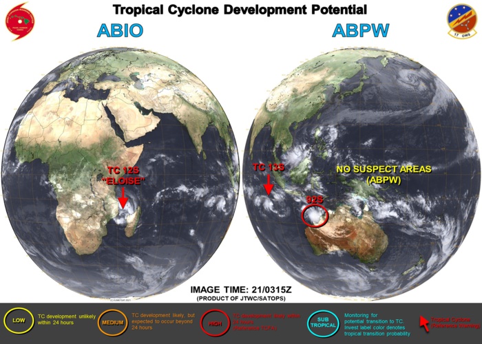 21/0315UTC. THE JTWC IS ISSUING 12HOURLY WARNINGS FOR 12S(ELOISE) AND 13S(NONAME). 3 HOURLY SATELLITE BULLETINS ARE ISSUED FOR THE 3 SYSTEMS.