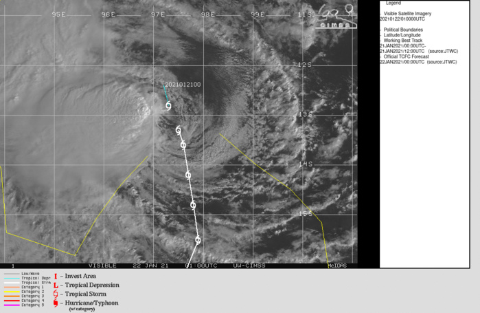 13S. WARNING 3. IS SLOWLY DRIFTING TO THE SOUTH IN A VERY WEAK  STEERING ENVIRONMENT.DUE TO THE HIGH SHEAR ENVIRONMENT, THERE IS LITTLE  PROSPECT OF NEAR-TERM INTENSIFICATION THROUGH 36H. DECREASING SHEAR AND INCREASING OUTFLOW SHOULD ALLOW FOR THE SYSTEM TO INTENSIFY TO A  PEAK OF 45 KNOTS FOR A SHORT TIME NEAR 96H, BEFORE INCREASING SHEAR  AND COOLER WATERS ONCE MORE TAKE THEIR TOLL AND WEAKEN THE SYSTEM. 13S. WARNING 3. IS SLOWLY DRIFTING TO THE SOUTH IN A VERY WEAK  STEERING ENVIRONMENT.DUE TO THE HIGH SHEAR ENVIRONMENT, THERE IS LITTLE  PROSPECT OF NEAR-TERM INTENSIFICATION THROUGH 36H. DECREASING SHEAR AND INCREASING OUTFLOW SHOULD ALLOW FOR THE SYSTEM TO INTENSIFY TO A  PEAK OF 45 KNOTS FOR A SHORT TIME NEAR 96H, BEFORE INCREASING SHEAR  AND COOLER WATERS ONCE MORE TAKE THEIR TOLL AND WEAKEN THE SYSTEM.