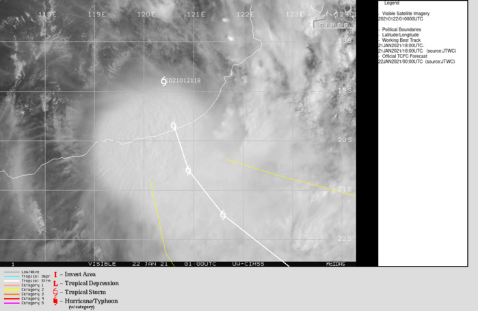 14S.WARNING 2.ANIMATED RADAR DATA FROM THE BROOME AND  PORT HEDLAND RADARS INDICATED A VERY WEAK ROTATION CROSSING THE  SHORE NEAR SANDFIRE, AUSTRALIA, BUT THE SIGNATURE IS NOT CONCLUSIVE  AND THUS LENDS ONLY LOW CONFIDENCE TO THE INITIAL POSITION.14S IS IN THE  PROCESS OF MAKING LANDFALL ALONG THE NORTHWEST COAST OF AUSTRALIA AT  THE 220000Z HOUR, AND WILL CONTINUE TRACKING INLAND ALONG THE  WESTERN PERIPHERY OF A DEEP-LAYER SUBTROPICAL RIDGE CENTERED TO THE  EAST. THE SYSTEM WILL STEADILY, BUT SLOWLY, WEAKEN OVER THE GREAT  SANDY DESERT AND BE BELOW 35KNOTS BY 23/12UTC, THOUGH  REMNANTS OF THE SYSTEM ARE EXPECTED TO CONTINUE TRACKING INLAND  INTO WEST-CENTRAL AUSTRALIA.DUE TO THE UNCERTAINTY IN THE  INITIAL POSITION, AND THE RESULTING POSSIBILITY OF A LONGER PERIOD  OF TIME OVER WATER, THERE IS LOW CONFIDENCE IN THE JTWC FORECAST. 14S.WARNING 2.ANIMATED RADAR DATA FROM THE BROOME AND  PORT HEDLAND RADARS INDICATED A VERY WEAK ROTATION CROSSING THE  SHORE NEAR SANDFIRE, AUSTRALIA, BUT THE SIGNATURE IS NOT CONCLUSIVE  AND THUS LENDS ONLY LOW CONFIDENCE TO THE INITIAL POSITION.14S IS IN THE  PROCESS OF MAKING LANDFALL ALONG THE NORTHWEST COAST OF AUSTRALIA AT  THE 220000Z HOUR, AND WILL CONTINUE TRACKING INLAND ALONG THE  WESTERN PERIPHERY OF A DEEP-LAYER SUBTROPICAL RIDGE CENTERED TO THE  EAST. THE SYSTEM WILL STEADILY, BUT SLOWLY, WEAKEN OVER THE GREAT  SANDY DESERT AND BE BELOW 35KNOTS BY 23/12UTC, THOUGH  REMNANTS OF THE SYSTEM ARE EXPECTED TO CONTINUE TRACKING INLAND  INTO WEST-CENTRAL AUSTRALIA.DUE TO THE UNCERTAINTY IN THE  INITIAL POSITION, AND THE RESULTING POSSIBILITY OF A LONGER PERIOD  OF TIME OVER WATER, THERE IS LOW CONFIDENCE IN THE JTWC FORECAST.