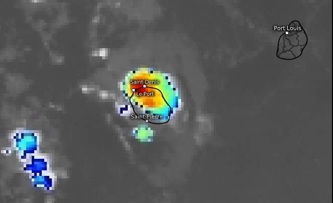 21/18h. Météosat montre la RÉUNION dans sa grande majorité assaillie par les nuages avec des sommets très froids sur le Nord-Ouest(températures estimées à -74°Celsius pour les plus actifs). MAURICE jouit d'un temps parfaitement calme. EUMETSAT.
