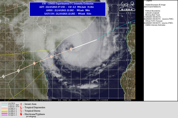 WARNING 11. THE INITIAL INTENSITY IS  ASSESSED AT 65 KNOTS BASED ON PGTW/FMEE DVORAK ESTIMATES OF T4.0(65  KNOTS). HOWEVER, A 220251Z SENTINEL-1B PASS INDICATES HIGHER  SUSTAINED WINDS OF 75 KNOTS OVER THE SOUTHEAST QUADRANT WITH  SIGNIFICANTLY LOWER WINDS ELSEWHERE.THERE IS HIGH CONFIDENCE IN THE JTWC FORECAST  TRACK, ESPECIALLY THE TRACK JUST SOUTH OF BEIRA, MOZAMBIQUE. THIS  FORECAST IS ALSO HIGHLY CONSISTENT WITH THE PREVIOUS JTWC FORECAST.  TC 12S IS FORECAST TO INTENSIFY TO A PEAK OF 75 KNOTS/CAT 1 AT 12H BUT  COULD BE SLIGHTLY HIGHER AT LANDFALL NEAR 18H. REGARDLESS  OF PEAK WINDS, THE SYSTEM IS LARGE WITH EXTENSIVE DEEP MOISTURE AND  SHOULD BRING HEAVY RAINFALL AS IT TRACKS INLAND AFTER 18H. TC 12S  IS FORECAST TO BE BELOW 35KNOTS BY 72H.