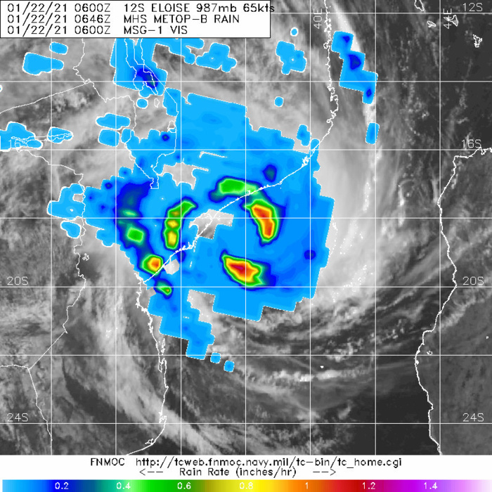 22/0646UTC. WESTERN-QUADRANT RAIN BANDS ARE AFFECTING MOZAMBIQUE. 22/0646UTC. WESTERN-QUADRANT RAIN BANDS ARE AFFECTING MOZAMBIQUE.
