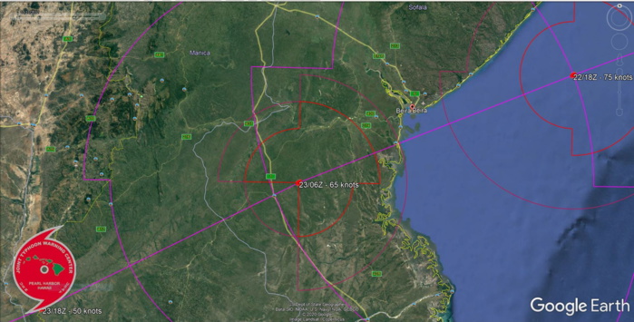 LANDFALL FORECAST LESS THAN 30KM SOUTH OF BEIRA SHORTLY BEFORE 23/06UTC. HIGH CONFIDENCE IN THE FORECAST.