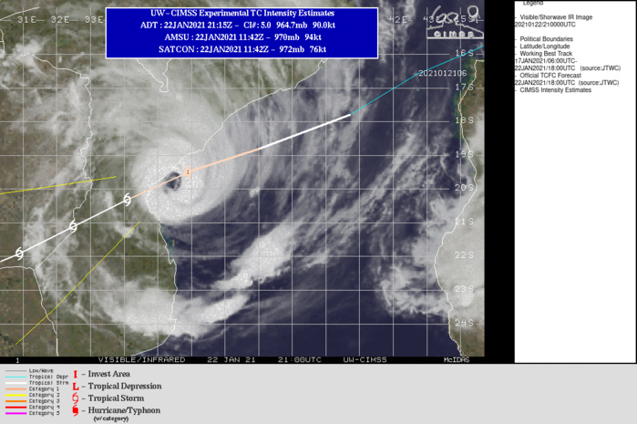 WARNING 12. AT 22/18UTC LOCATED APPRX 115KM EAST NORTHEAST OF BEIRA/MOZAMBIQUE WITH ESTIMATED SUSTAINED WINDS OF 75KNOTS. RECENT TREND INDICATES INTENSIFICATION IS STILL LIKELY WITH PGTW(JTWC) SATELLITE INTENSITY ESTIMATE YIELDING DVORAK OF 5.0/5.0(+0.5/3H) AT 22/2045UTC. THE CYCLONE IS FORECAST TO MAKE LANDFALL LESS THAN 30KM SOUTH OF BEIRA/MOZAMBIQUE WITHIN 6/9HOURS WITH TOP GUSTS POSSIBLY APPROACHING 200KM/H CLOSE TO THE CENTER.