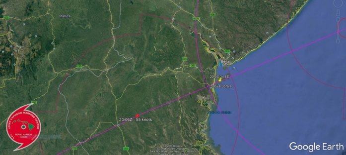 23/00UTC. THE EYE CROSSED THE COAST NEAR NOVA SOFALA. THE JTWC FORECAST TRACK HAS BEEN VERY GOOD. 23/00UTC. THE EYE CROSSED THE COAST NEAR NOVA SOFALA. THE JTWC FORECAST TRACK HAS BEEN VERY GOOD.