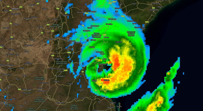23/01UTC. THE EYE WAS CROSSING THE COAST JUST TO THE IMMEDIATE SOUTHEAST OF NOVA SOFALA.