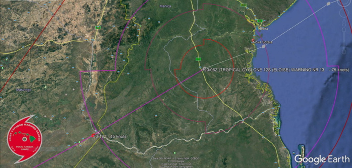 WARNING 13. TC 12S(ELOISE) MADE LANDFALL APPRX 15KM SOUTHEAST OF NOVA SOFALA OR 30KM SOUTH SOUTHWEST OF BEIRA WITH MAXIMUM SUSTAINED WINDS OF 90KNOTS GUSTING TO 110KNOTS, US/CATEGORY 2.