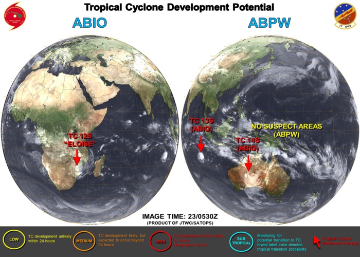 23/0530UTC. JTWC HAS ISSUED THE FINAL WARNING ON TC 12S(ELOISE) AND IS ISSUING 12HOURLY WARNINGS ON TC 13S(NONAME). 3 HOURLY SATELLITE BULLETINS ARE PROVIDED FOR BOTH OF THEM. SATELLITE BULLETINS ARE NO LONGER ISSUED FOR THE OVER-LAND REMNANTS OF TC 14S.