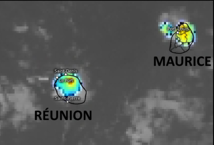 24/14h30. Les nuages les plus actifs sont au dessus des hauteurs de Sainte Marie/RÉUNION et sur le Nord-Ouest de MAURICE. Eumetsat.