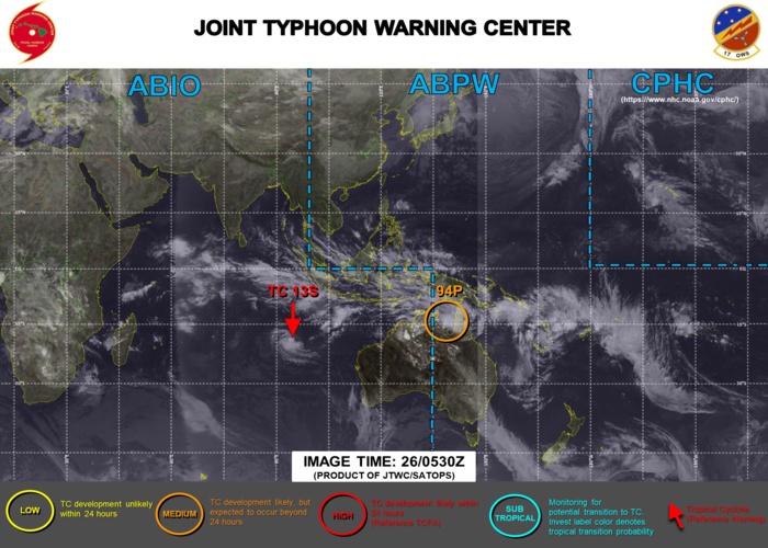 26/0530UTC. JTWC IS STILL ISSUING 12HOURLY WARNINGS ON 13S(NONAME).3 HOURLY SATELLITE BULLETINS ARE PROVIDED FOR 13S. THE REMNANTS OF 12S(ELOISE) IS STILL TRACKED WHILE WELL IN-LAND OVER SOUTHERN AFRICA.