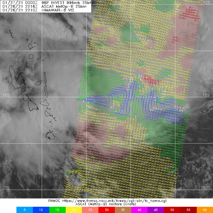 INVEST 96P. 26/2216UTC. ASCAT DEPICTED THE NASCENT LOW LEVEL CIRCULATION CENTER STILL ELONGATED TO THE EAST OF VANUATU.