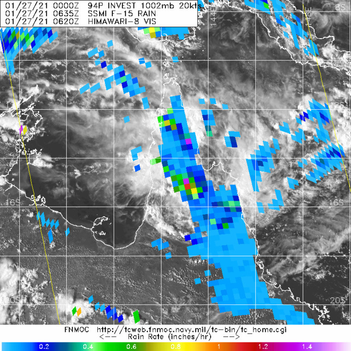 INVEST 94P. 27/0635UTC. OVER-LAND DISTURBANCE DELIVERING THUNDER-STORMS AND LOCALISED HEAVY RAINFALL OVER NORTHERN QUEENSLAND.