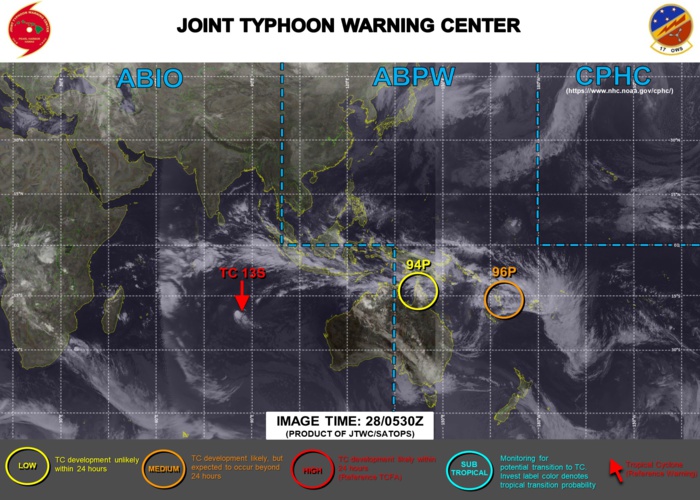 28/0530UTC. 13S(NONAME) REMAINS UNDER CLOSE WATCH FOR ANY SIGNS OF RE-INTENSIFICATION. INVEST 94P IS STILL OVER-LAND OVER CAPE YORK PENINSULA. INVEST 96P REMAINS MEDIUM AND UNDER CLOSE SURVEILLANCE AS DEVELOPMENT IS LIKELY WITHIN 24/48HOURS.