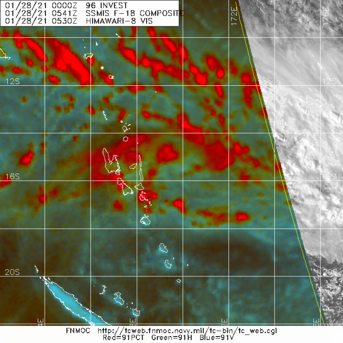 INVEST 96P. 28/0541UTC. THE DISTURBANCE IS SLOWLY CONSOLIDATING TO THE EAST OF VANUATU. INVEST 96P. 28/0541UTC. THE DISTURBANCE IS SLOWLY CONSOLIDATING TO THE EAST OF VANUATU.