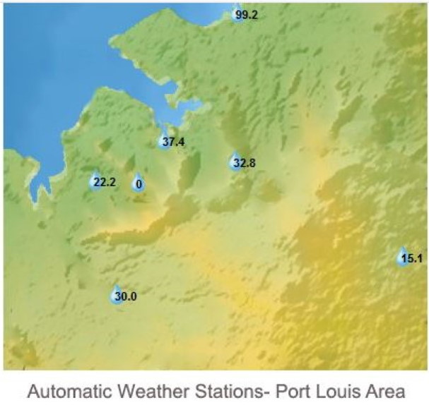 MAURICE. Cumuls de pluie en 3heures de 13h à 16h ce Jeudi après-midi. Stations de MMS/Vacoas.Riche Terre rapporte 99.2mm en 3 heures.