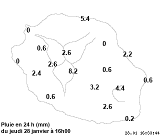 RÉUNION.Cumuls de pluie en 24heures rapportés à 16h ce Jeudi. Stations de Météo France. MÉTÉO RÉUNION.