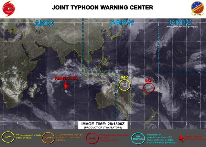 JTWC HAS BEEN ISSUING 3 HOURLY SATELLITE BULLETINS ON THE REMNANTS OF 13S(NONAME) AND INVEST 96P. INVEST 96P HAS BEEN UP-GRADED TO HIGH FOR THE NEXT 24HOURS. JTWC HAS BEEN ISSUING 3 HOURLY SATELLITE BULLETINS ON THE REMNANTS OF 13S(NONAME) AND INVEST 96P. INVEST 96P HAS BEEN UP-GRADED TO HIGH FOR THE NEXT 24HOURS.
