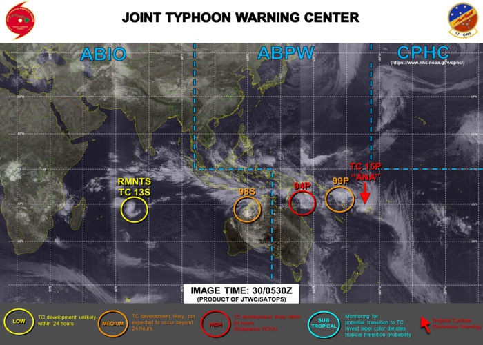 INVEST 94P HAS BEEN UP-GRADED TO HIGH FOR THE NEXT 24HOURS. INVEST 99P AND INVEST 98S ARE MEDIUM. INVEST 94P HAS BEEN UP-GRADED TO HIGH FOR THE NEXT 24HOURS. INVEST 99P AND INVEST 98S ARE MEDIUM.