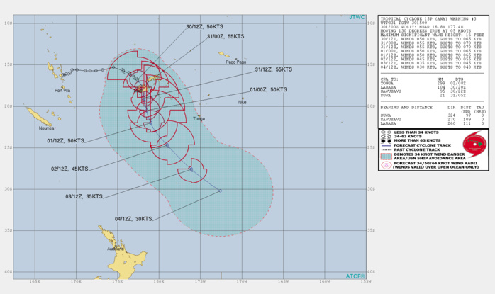 15P(ANA). WARNING 3.FORECAST TO REACH A PEAK INTENSITY OF  55 KNOTS WITHIN THE NEXT 24 HOURS AS IT TURNS SOUTHWARD ALONG THE  WESTERN PERIPHERY OF A SUBTROPICAL RIDGE (STR) EXTENSION TO THE  EAST, HOWEVER, INTERACTION WITH LAND(VITI LEVU) SHOULD LIMIT DEVELOPMENT. AFTER  24H, TC 15P IS EXPECTED TO ACCELERATE SOUTH-SOUTHEASTWARD TO  SOUTHEASTWARD ALONG THE SOUTHWESTERN PERIPHERY OF THE STR WITH  INCREASING WIND SHEAR (20-25 KNOTS) HINDERING DEVELOPMENT. AFTER 48H, TC  15P SHOULD CONTINUE TO WEAKEN AS IT ENCOUNTERS STRONG WIND SHEAR (30-35  KNOTS) ASSOCIATED WITH THE SUBTROPICAL WESTERLIES AS WELL AS  SLIGHTLY COOLER SEAS (26-27C). IN THE EXTENDED PERIOD, THE SYSTEM  WILL WEAKEN MORE RAPIDLY DUE TO COOL SEAS (26-23C) AND INTENSITY SHOULD FALL BELOW 35KNOTS BY 120H.