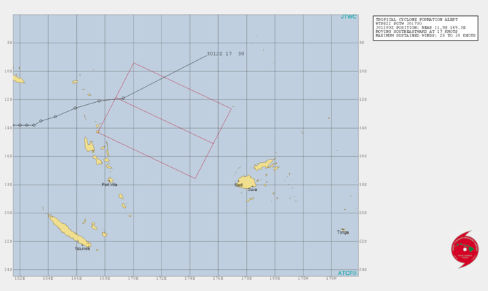 INVEST 94P. TROPICAL CYCLONE FORMATION ALERT ISSUED AT 30/17UTC.ANIMATED ENHANCED INFRARED SATELLITE  IMAGERY AND A 301406UTC AMSR2 89 GHZ MICROWAVE IMAGE DEPICT CONVECTIVE  BANDING WRAPPING INTO A WELL DEFINED LOW LEVEL CIRCULATION CENTER  (LLCC). A PARTIAL 301037UTC ASCAT-C PASS INDICATES A TIGHT LLCC WITH  25-30KT WINDS IN THE NORTHERN PERIPHERY. ENVIRONMENTAL ANALYSIS  SHOWS FAVORABLE ENVIRONMENT FOR TROPICAL DEVELOPMENT WITH GOOD  RADIAL OUTFLOW ALOFT, LOW (10-15KTS) VERTICAL WIND SHEAR, AND WARM  (30-31C) SEA SURFACE TEMPERATURES.