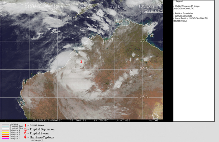 INVEST 98S. TROPICAL CYCLONE FORMATION ALERT ISSUED FOR THE STILL OVER-LAND SYSTEM. ENHANCED INFRARED SATELLITE IMAGERY AND A 300838UTC SSMIS 91 GHZ MICROWAVE  IMAGE DEPICT FORMATIVE BANDING WRAPPING INTO A DEFINED LOW LEVEL  CIRCULATION. ENVIRONMENTAL ANALYSIS INDICATES A FAVORABLE  ENVIRONMENT FOR DEVELOPMENT WITH LOW VERTICAL WIND SHEAR  AND GOOD OUTFLOW ALOFT.