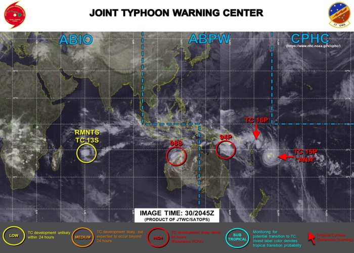 INVEST 99P IS NOW TC 16P. JTWC HAS BEEN ISSUING 6HOURLY WARNINGS ON 15P(ANA) AND 16P(NONAME). 3HOURLY SATELLITE BULLETINS ARE PROVIDED FOR 15P AND 16P ALONG WITH INVEST 94P AND INVEST 98S.