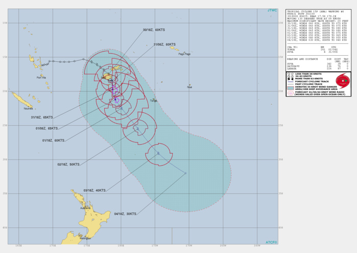 15P(ANA). WARNING 4. THE COMBINATION OF SURFACE  OBSERVATIONS FROM RAKIRAKI (91669) AND VIWA ISLAND (91670, AS WELL  AS ANIMATED RADAR DATA FROM FIJI WHICH DEPICTED A WEAK RADAR EYE,  LENT HIGH CONFIDENCE TO THE INITIAL POSITION. BASED ON THE RADAR  DATA, IT APPEARS THAT THE CENTER OF TC ANA CROSSED VERY CLOSE TO  RAKIRAKI, SO THE 1800UTC PRESSURE READING OF 978MB, WHICH CORRESPONDS  TO ABOUT 60 KNOTS, LIKELY IS A VERY CLOSE ESTIMATION OF THE ACTUAL  CENTER PRESSURE OF THE SYSTEM. UPPER-LEVEL ANALYSIS INDICATES  FAVORABLE ENVIRONMENTAL CONDITIONS WITH LOW (5-10KT) WIND SHEAR, AND STRONG  OUTFLOW BOTH EQUATORWARD AND POLEWARD PROVIDED BY A SMALL POINT  SOURCE WHICH HAS RECENTLY DEVELOPED OVER TOP OF THE SYSTEM, WHICH IS  FIGHTING OFF THE PREDOMINANT WESTERLY SHEAR. SEA SURFACE TEMPS (28-29C) ALSO  REMAIN CONDUCIVE TO FURTHER DEVELOPMENT. IN THE NEAR-TERM,  INTERACTION WITH VITU LEVU WILL LIMIT POTENTIAL INTENSIFCATION  AND THUS INTENSITY IS FORECAST TO REMAIN STEADY THROUGH 12H. ONCE  THE CENTER MOVES SOUTH OF THE MAIN ISLANDS, IT IS FORECAST TO AGAIN  INTENSIFY, PEAKING AT 65 KNOTS/US CATEGORY 1 BY 24H. AFTER THIS POINT, THE  SYSTEM IS EXPECTED TO ACCELERATE SOUTHEASTWARD ALONG THE WESTERN  PERIPHERY OF A DEEP-LAYER STR LOCATED TO THE EAST, WITH INCREASING  WIND SHEAR STEADILY, IF SLOWLY INCREASING. AFTER 48H THE SYSTEM BEGINS  TO MOVE OVER COOLER WATERS AND ENCOUNTERS HIGH (25-35 KT) WIND SHEAR  ASSOCIATED WITH STRONG MID-LATITUDE WESTERLY FLOW ALOFT. THE INTENSITY IS FORECAST TO FALL BELOW 35KNOTS AT OR BEFORE 120H.