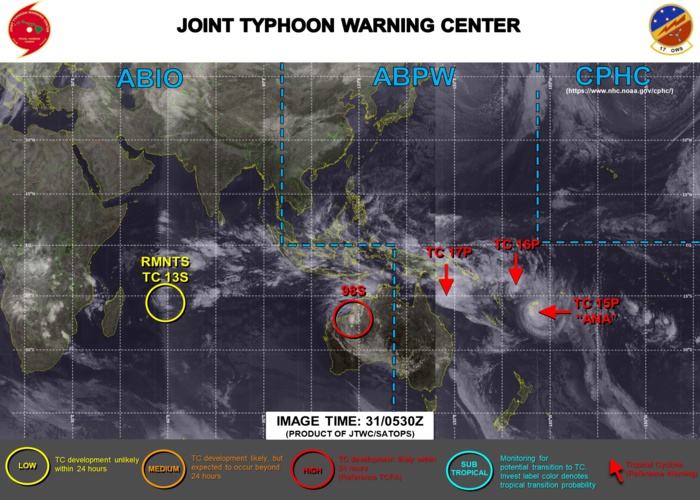 31/06UTC. JTWC HAS BEEN ISSUING 6 HOURLY WARNINGS ON 15P(ANA), 16P AND 17P. 3 HOURLY SATELLITE BULLETINS ARE PROVIDED FOR 15P,16P,17P AND INVEST 98S.