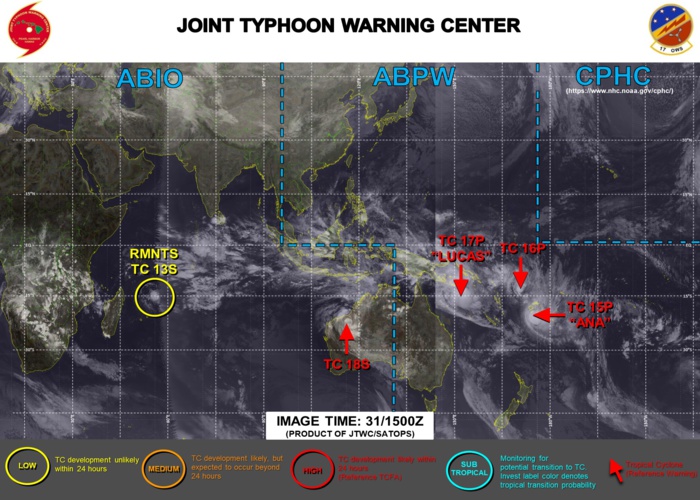 JTWC IS ISSUING 6HOURLY WARNINGS ON 15P(ANA), 16P, 17P(LUCAS), 18S. 3 HOURLY SATELLITE BULLETINS ARE PROVIDED FOR THE 4 CYCLONIC SYSTEMS.