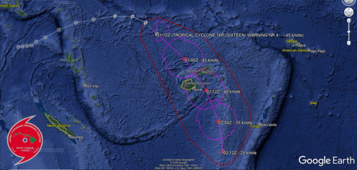 16P. WARNING 4. ENVIRONMENTAL CONDITIONS ARE  FORECAST TO REMAIN FAVORABLE THROUGH 12H, HOWEVER, CONDITIONS  WILL DEGRADE RAPIDLY AFTER THIS TIME DUE TO STRONG VERTICAL WIND  SHEAR AND INTERACTION WITH TC 15P. TC 16P IS EXPECTED TO UNDERGO  BINARY INTERACTION WITH TC 15P, WHICH IS CURRENTLY LOCATED ABOUT  775KM SSE. TC 16P IS FORECAST TO TRACK SOUTHEASTWARD THROUGH 12H UNDER THE STEERING INFLUENCE OF A NEAR EQUATORIAL RIDGE POSITIONED  TO THE NORTHEAST. HOWEVER, AFTER 12H, TC 16P WILL ACCELERATE  SOUTH-SOUTHEASTWARD WITHIN THE EASTERN PERIPHERY OF TC 15P. BY 36H,TC 16P WILL APPROACH TC 15P WITHIN ABOUT 280KM AS IT RAPIDLY  WEAKENS. BY 48H, TC 16P WILL DISSIPATE AND BECOME ABSORBED INTO  TC 15P.