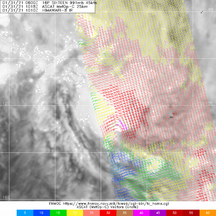 16P. 31/1018UTC.ASCAT-C IMAGE REVEALS A DEFINED CENTER,  WHICH SUPPORTS THE INITIAL POSITION WITH FAIR CONFIDENCE, WITH 40-45  KNOT WINDS OVER THE NORTHEAST QUADRANT.