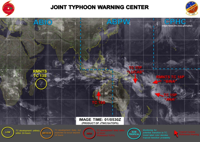 01/06UTC. JTWC IS ISSUING 6HOURLY WARNINGS ON 15P(ANA), 17P(LUCAS), 18S. FINAL WARNING WAS ISSUED AT 01/03UTC FOR 16P(BINA). 3HOURLY SATELLITE BULLETINS ARE PROVIDED FOR 15P,17P,18S WHEREAS THE FINAL FIX FOR 16P WAS ISSUED AT 01/0530UTC.