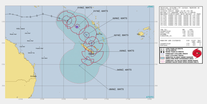 17P(LUCAS). WARNING 6. THERE IS SOME  UNCERTAINTY IN THE INITIAL INTENSITY AND THE PEAK INTENSITY  FORECAST. UPPER-LEVEL ANALYSIS INDICATES MODERATE (20 KNOTS)  VERTICAL WIND SHEAR (VWS) OFFSET BY ROBUST POLEWARD OUTFLOW. TC 17P  IS FORECAST TO TRACK SOUTHEASTWARD ALONG THE SOUTHWESTERN PERIPHERY  OF A NEAR-EQUATORIAL RIDGE THROUGH 36H BUT SHOULD TRANSITION TO  THE STEERING INFLUENCE OF A SUBTROPICAL RIDGE BY 48H, WHICH  SHOULD STEER THE SYSTEM SOUTHWESTWARD THROUGH 96H.TC 17P IS FORECAST TO INTENSIFY TO A PEAK INTENSITY OF 65 KNOTS/US CATEGORY 1 BY  12H BUT SHOULD WEAKEN STEADILY THROUGH THE REMAINDER OF THE  FORECAST PERIOD AS WIND SHEAR STEADILY INCREASES TO 40-50 KNOTS AND SST  VALUES COOL TO 25C. THE SYSTEM SHOULD DISSIPATE BY 96H AS IT  TRACKS UNDER THE STEERING INFLUENCE OF A STRONG HIGH ENTRENCHED TO  THE SOUTH.