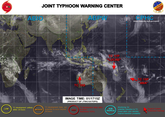 JTWC IS ISSUING 6HOURLY WARNINGS ON 17P(LUCAS) AND 18S. WARNING 12/FINAL WAS ISSUED AT 01/21UTC FOR 15P(ANA). 3 HOURLY SATELLITE BULLETINS ARE PROVIDED 15P,17P AND 18S.