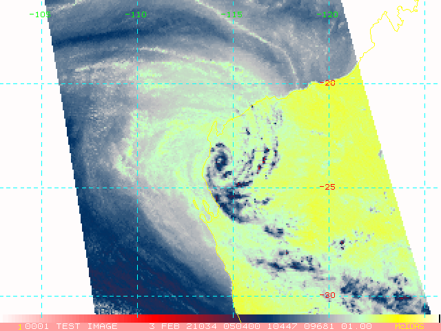 03/0504UTC. MIRCROWAVE DEPICTED THE CLEAR-CUT CENTER AND THE WELL DEFINED RAIN BANDS EVIDENT IN THE COMPOSITE RADAR LOOP FROM LEARMONTH.