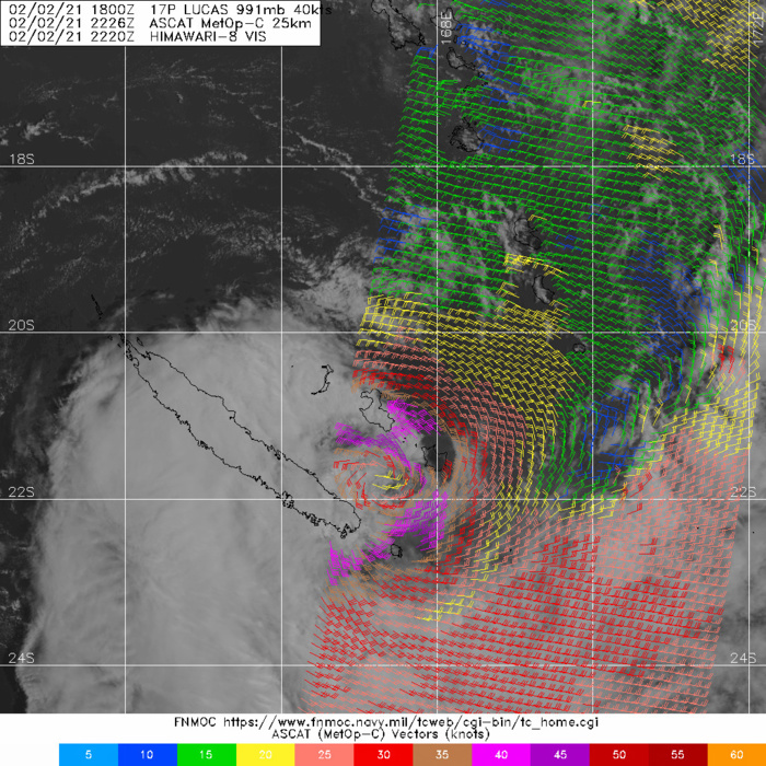 17P(LUCAS). 02/2226UTC. ASCAT. WHILE TRACKING CLOSE TO THE SOUTHERN TIP OF NEW CALEDONIA 17P(LUCAS) DELIVERED HEAVY RAINFALL WITH MORE THAN 400MM IN 24H. LOCALISED SEVERE FLOODING IS REPORTED. NEW CALEDONIA REPORTS TOP GUSTS AS HIGH AS 160KM/H.