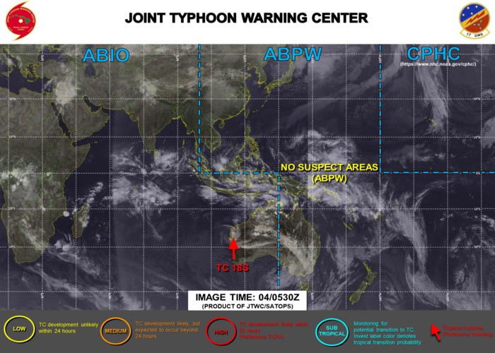 JTWC HAS BEEN ISSUING 6HOURLY WARNINGS ON 18S(NONAME). 3 HOURLY SATELLITE BULLETINS ARE PROVIDED FOR 18S AND THE REMNANTS OF 17P(LUCAS). JTWC HAS BEEN ISSUING 6HOURLY WARNINGS ON 18S(NONAME). 3 HOURLY SATELLITE BULLETINS ARE PROVIDED FOR 18S AND THE REMNANTS OF 17P(LUCAS).