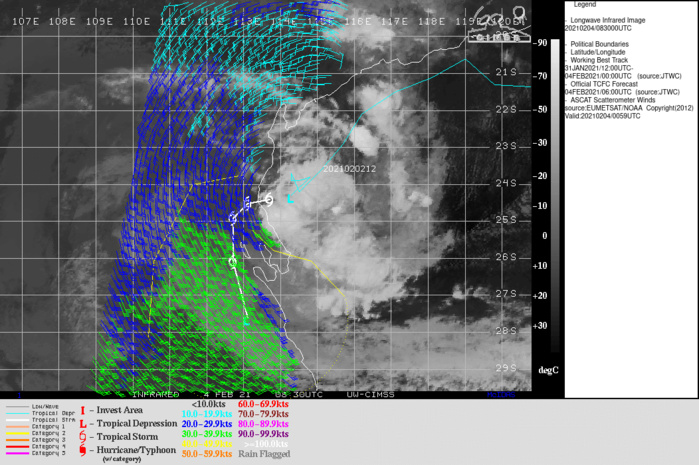 18S(EIGHTEEN). WARNING 16.ANIMATED RADAR IMAGERY FROM  THE CARNARVON RADAR INDICATES THE BULK OF THE CONVECTIVE BANDING IS  OVER LAND, OVER THE SOUTHERN SEMICIRCLE. THE CENTER IS LOCATED  APPROXIMATELY 55KM NORTH OF CARNARVON, WHICH IS REPORTING SUSTAINED  SURFACE WINDS (10-MINUTE AVERAGE) OF 24-27 KNOTS WITH GUSTS AS HIGH  AS 37 KNOTS; THE MINIMUM SLP THUS FAR IS 991.8MB, WHICH TYPICALLY  CORRESPONDS TO A 35-40 KNOT TROPICAL CYCLONE, WITH A 24-HOUR  DECREASE OF 5.0MB. A 040215Z ASCAT-B IMAGE(SHOWN ABOVE) REVEALS AN EXTENSIVE  SWATH OF 30-35 KNOT WINDS OVER WATER TO THE SOUTHWEST ASSOCIATED  WITH A LARGE FIELD OF STABLE, COOL-AIR STRATOCUMULUS AS EVIDENT IN  SATELLITE.OVERALL, THIS DATA SUPPORTS THE INITIAL INTENSITY ASSESSMENT OF  35 KNOTS. ENVIRONMENTAL ANALYSIS INDICATES FAVORABLE UPPER-LEVEL  CONDITIONS WITH LOW VERTICAL WIND SHEAR (VWS) AND POLEWARD VENTING  INTO THE WESTERLIES TO THE SOUTH. HOWEVER, INTERACTION WITH LAND,  DRY AIR ENTRAINMENT AND MARGINAL SST VALUES (26C) WILL HINDER  DEVELOPMENT. TC 18S IS TRACKING ALONG THE NORTHERN PERIPHERY OF A  LOW-LEVEL SUBTROPICAL RIDGE (STR) POSITIONED TO THE SOUTH BUT IS  EXPECTED TO TURN SOUTHWARD AS A STR BUILDS EAST OF THE SYSTEM OVER  WESTERN AUSTRALIA. DUE TO THE SOUTHWARD TRACK, THE SYSTEM WILL MOVE  UNDER THE SUBTROPICAL WESTERLIES WITH INCREASING VWS (30-45 KNOTS),  WHICH WILL LEAD TO STEADY WEAKENING AND EVENTUAL DISSIPATION BY 48H.