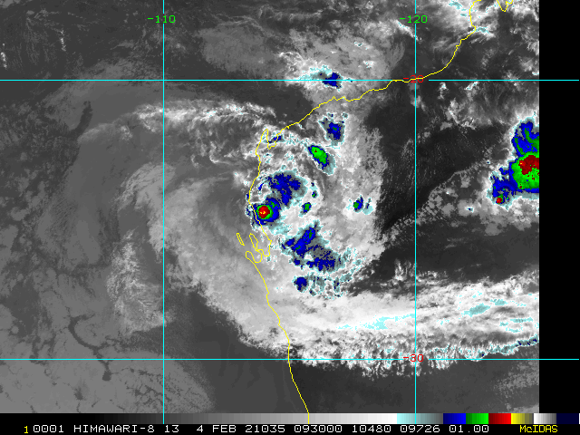 18S. 04/0930UTC. EXTENSIVE BANDING WRAPPING TIGHTLY INTO THE LOW LEVEL CENTER WHICH IS LOCATED CLOSE TO THE COASTLINE.