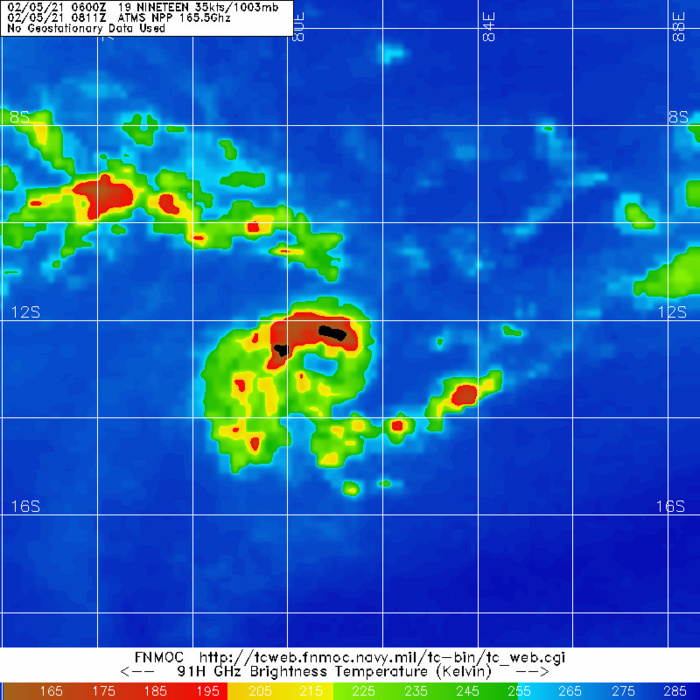 05/0811UTC. MICROWAVE IMAGES REVEAL AN INTENSE CURVED BAND OF DEEP CONVECTION WRAPPING FROM THE WESTERN QUADRANT INTO THE NORTHERN QUADRANT OF THE SYSTEM WITH A SMALL CORE (APPROXIMATELY 100KM DIAMETER) SURROUNDING A DEVELOPING, RAGGED MICROWAVE EYE FEATURE. 05/0811UTC. MICROWAVE IMAGES REVEAL AN INTENSE CURVED BAND OF DEEP CONVECTION WRAPPING FROM THE WESTERN QUADRANT INTO THE NORTHERN QUADRANT OF THE SYSTEM WITH A SMALL CORE (APPROXIMATELY 100KM DIAMETER) SURROUNDING A DEVELOPING, RAGGED MICROWAVE EYE FEATURE.
