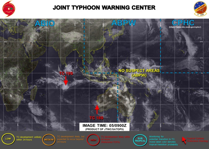 05/09UTC. JTWC IS ISSUING 12HOURLY WARNINGS ON 19S. 3HOURLY SATELLITE BULLETINS ARE PROVIDED FOR 19S AND 18S.