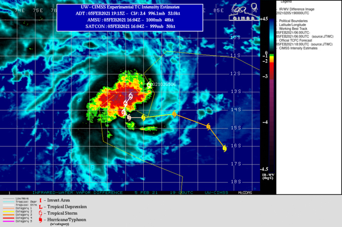 WARNING 2 ISSUED AT 05/21UTC.UPPER-LEVEL ANALYSIS INDICATES FAVORABLE CONDITIONS WITH ROBUST EQUATORWARD AND POLEWARD OUTFLOW AND LOW (10 KNOTS) VERTICAL WIND SHEAR. ADDITIONALLY, SST VALUES ARE FAVORABLE AT 29C. OVERALL, THE STEERING ENVIRONMENT IS EXPECTED TO BE COMPLEX, WEAK AND EVOLVING THROUGHOUT THE FORECAST PERIOD LENDING LOW OVERALL CONFIDENCE TO THE JTWC FORECAST TRACK. THIS HAS ALREADY PROVEN TRUE AS THE SYSTEM TRACKED WEST-SOUTHWESTWARD OVER THE PAST SIX HOURS, WHEN IT WAS ORIGINALLY FORECAST TO TRACK SOUTH-SOUTHWESTERLY. THROUGH 36H, 19S(FARAJI) WILL STEER SLOWLY SOUTH-SOUTHWESTWARD TO SOUTHWARD ALONG THE NORTHWESTERN PERIPHERY OF A SUBTROPICAL RIDGE (STR) POSITIONED TO THE SOUTHEAST. THIS STR WILL WEAKEN AND TC 19S SHOULD SLOW, PERHAPS BECOME BRIEFLY QUASI-STATIONARY, THEN TRACK EAST-NORTHEASTWARD TO EASTWARD AS A NEAR-EQUATORIAL RIDGE (NER) ASSUMES CONTROL OF THE STEERING. AFTER 96H, A WEAK STEERING RIDGE IS EXPECTED TO BUILD EAST OF THE SYSTEM WHICH SHOULD STEER IT SOUTH-SOUTHEASTWARD. TC 19S HAS RAPIDLY CONSOLIDATED AND IS FORECAST TO RAPIDLY INTENSIFY REACHING 100 KNOTS/US CATEGORY 3 BY 48H AND A PEAK INTENSITY OF 110 KNOTS BY 72H WITH A SLIGHT WEAKENING TREND THROUGH 120H. WARNING 2 ISSUED AT 05/21UTC.UPPER-LEVEL ANALYSIS INDICATES FAVORABLE CONDITIONS WITH ROBUST EQUATORWARD AND POLEWARD OUTFLOW AND LOW (10 KNOTS) VERTICAL WIND SHEAR. ADDITIONALLY, SST VALUES ARE FAVORABLE AT 29C. OVERALL, THE STEERING ENVIRONMENT IS EXPECTED TO BE COMPLEX, WEAK AND EVOLVING THROUGHOUT THE FORECAST PERIOD LENDING LOW OVERALL CONFIDENCE TO THE JTWC FORECAST TRACK. THIS HAS ALREADY PROVEN TRUE AS THE SYSTEM TRACKED WEST-SOUTHWESTWARD OVER THE PAST SIX HOURS, WHEN IT WAS ORIGINALLY FORECAST TO TRACK SOUTH-SOUTHWESTERLY. THROUGH 36H, 19S(FARAJI) WILL STEER SLOWLY SOUTH-SOUTHWESTWARD TO SOUTHWARD ALONG THE NORTHWESTERN PERIPHERY OF A SUBTROPICAL RIDGE (STR) POSITIONED TO THE SOUTHEAST. THIS STR WILL WEAKEN AND TC 19S SHOULD SLOW, PERHAPS BECOME BRIEFLY QUASI-STATIONARY, THEN TRACK EAST-NORTHEASTWARD TO EASTWARD AS A NEAR-EQUATORIAL RIDGE (NER) ASSUMES CONTROL OF THE STEERING. AFTER 96H, A WEAK STEERING RIDGE IS EXPECTED TO BUILD EAST OF THE SYSTEM WHICH SHOULD STEER IT SOUTH-SOUTHEASTWARD. TC 19S HAS RAPIDLY CONSOLIDATED AND IS FORECAST TO RAPIDLY INTENSIFY REACHING 100 KNOTS/US CATEGORY 3 BY 48H AND A PEAK INTENSITY OF 110 KNOTS BY 72H WITH A SLIGHT WEAKENING TREND THROUGH 120H.