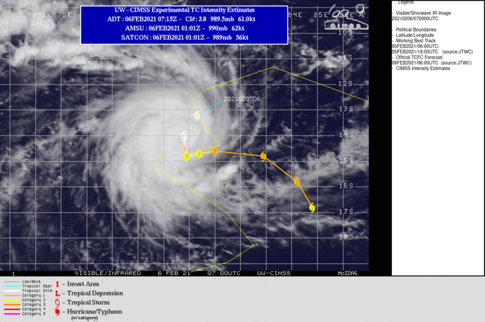 19S(FARAJI). WARNING 3 ISSUED AT 06/09UTC. FARAJI IS TRACKING THROUGH A HIGHLY  FAVORABLE ENVIRONMENT WITH WARM (29-30 CELSIUS) SEA SURFACE  TEMPERATURES (SST), ROBUST EQUATORWARD AND MODERATE POLEWARD OUTFLOW  ALOFT, AND LOW (5-10 KTS) VERTICAL WIND SHEAR (VWS).THE SYSTEM IS  CURRENTLY IN A COMPLEX, ALBEIT WEAK, STEERING ENVIRONMENT THAT HAS LED TO A RELATIVELY SLOW STORM MOTION OVER THE PAST 12 HOURS. THIS SLOW SYSTEM MOTION, COUPLED WITH HIGHLY FAVORABLE ENVIRONMENTAL  CONDITIONS, WILL LEAD TO RAPID INTENSIFICATION IN THE NEAR TERM TO 90 KNOTS/US CATEGORY 2 BY 24H. DURING THIS TIME THE STORM MOTION IS FORECAST TO REMAIN RELATIVELY SLOW AS THE SYSTEM DRIFTS POLEWARD ALONG THE  PERIPHERY OF A WEAK SUBTROPICAL RIDGE (STR) POSITIONED TO THE SOUTH- EAST. AFTER 12H, TC FARAJI WILL BEGIN TO TRACK EASTWARD ALONG THE SOUTHERN PERIPHERY OF A NEAR EQUATORIAL RIDGE (NER) POSITIONED TO THE NORTH AS THE INITIAL STEERING STR WEAKENS. CONTINUED FAVORABLE ENVIRONMENTAL CONDITIONS WILL LEAD TO FURTHER INTENSIFICATION THROUGH 72H AT WHICH TIME THE SYSTEM WILL REACH A PEAK INTENSITY OF 110 KNOTS/US CATEGORY 3. THEREAFTER, A BUILDING STR POSITIONED TO THE EAST WILL OVERTAKE STEERING AND BEGIN TO DRIVE TC FARAJI SOUTHEASTWARD. DURING THIS TIME, MODERATE (15-25 KTS) WIND SHEAR WILL LEAD TO A GRADUAL WEAKENING TO 90 KNOTS BY 120H.