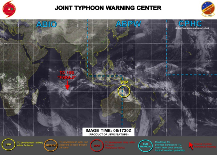 06/1830UTC. JTWC IS ISSUING 12HOURLY WARNINGS ON 19S(FARAJI). 3 HOURLY SATELLITE BULLETINS ARE PROVIDED FOR 19S AND INVEST 91P WHICH HAS RECENTLY MOVED OVER-LAND. THEY WERE DISCONTINUED FOR THE REMNANTS OF 18S AT 06/1420UTC.
